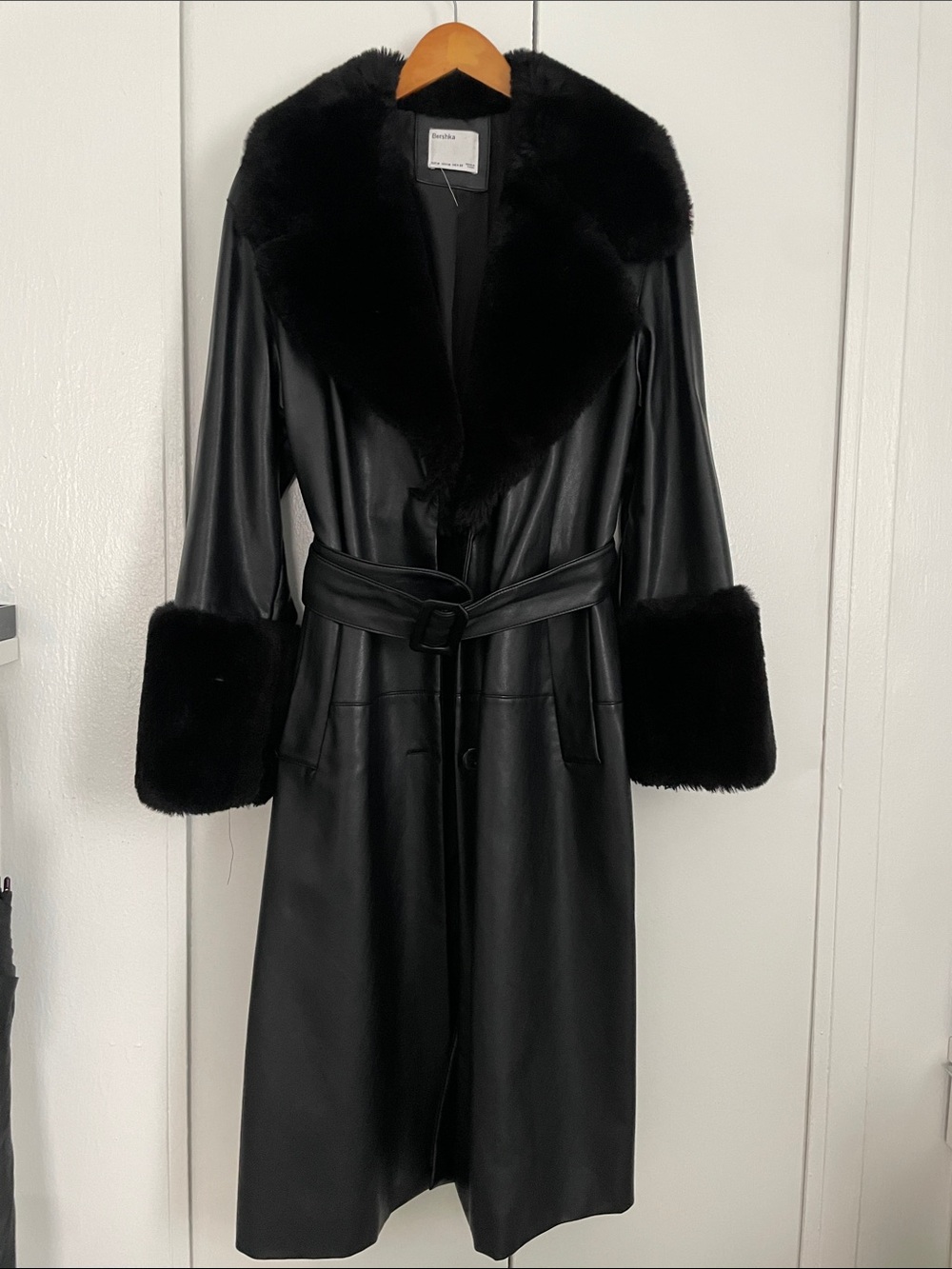 Women’s Bershka Black Faux Leather Trench Coat with Fur Trim
